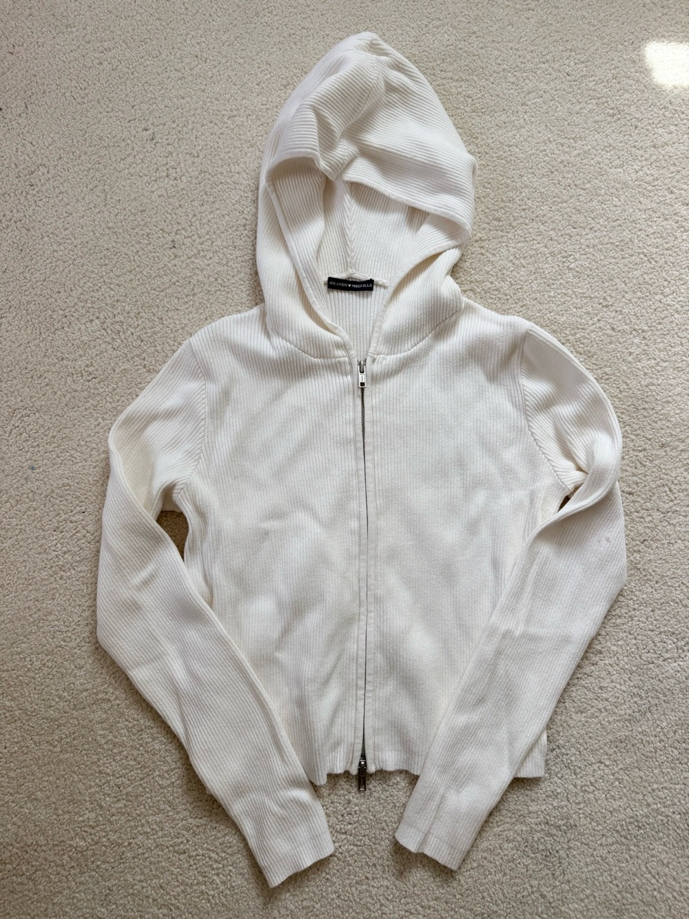Brandy Melville Cream Zip-Up Hooded Ribbed Sweater